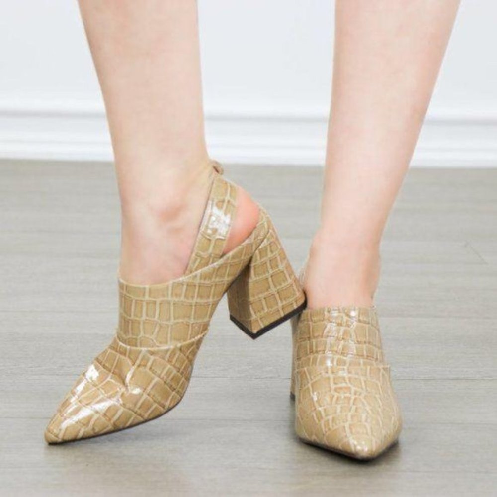 Nude Pointy Toe Faux Croc Print Ankle Boots - Picture 2 of 8